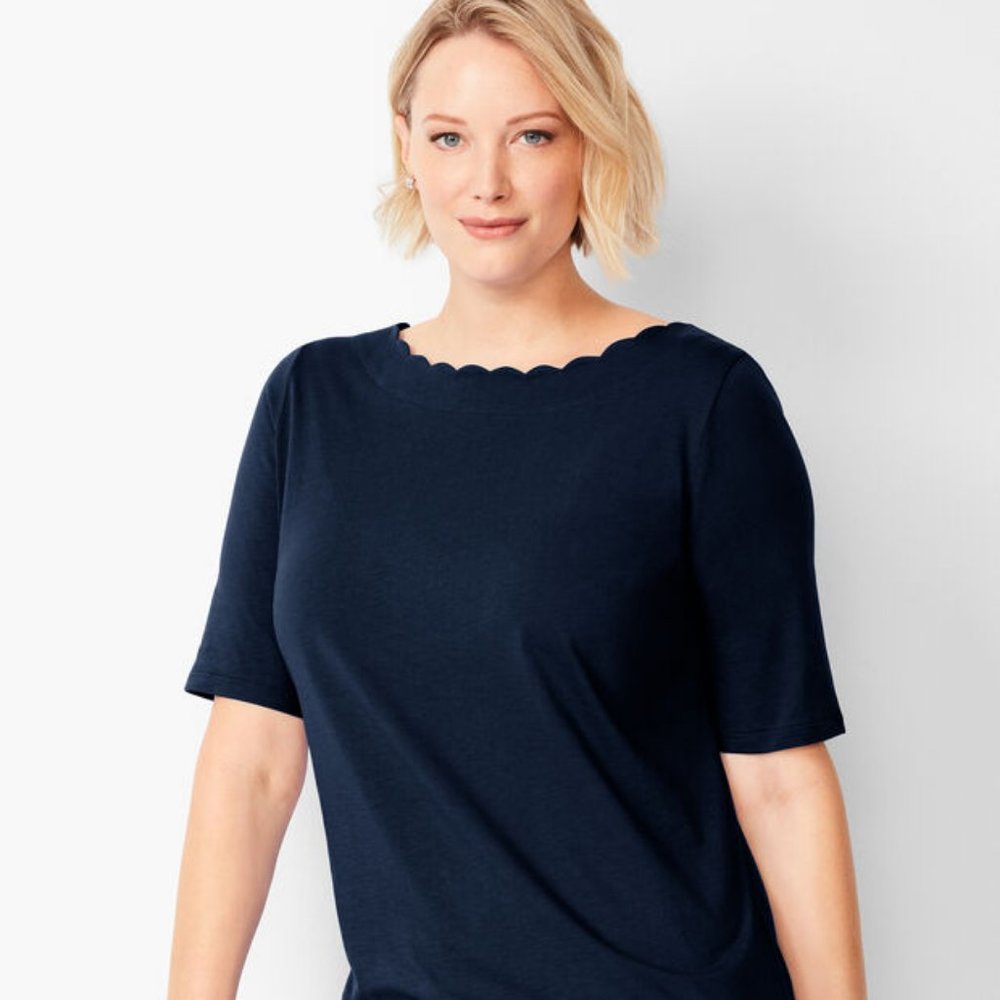 Talbots Plus Petite 3XP Top Shirt Tunic Black Scalloped Neckline Short Slv